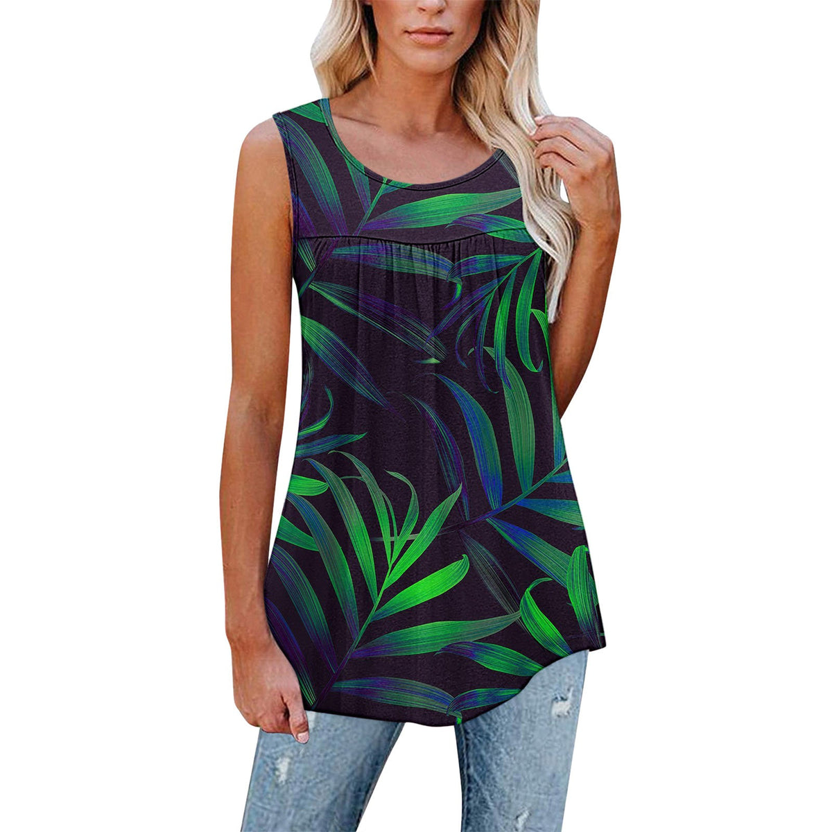 Flower Print Sleeveless Pleated Casual Loose Vest T-shirt Women's Clothing