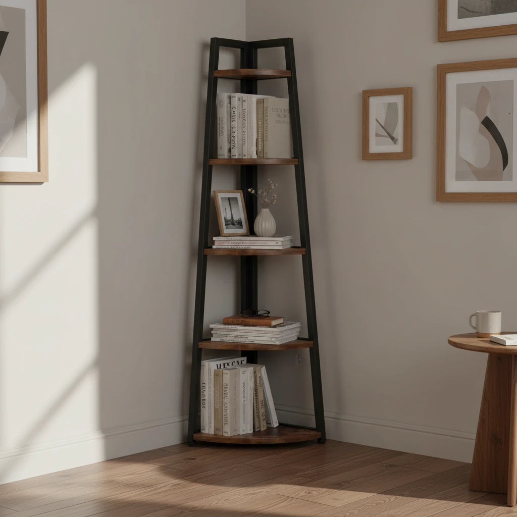 Industrial Corner Bookshelf & Display Rack with Black Metal A-Frame.