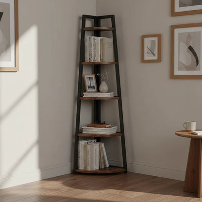 Industrial Corner Bookshelf & Display Rack with Black Metal A-Frame.