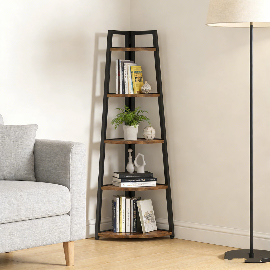 Industrial Corner Bookshelf & Display Rack with Black Metal A-Frame.