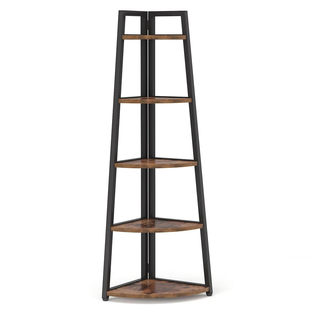 Industrial Corner Bookshelf & Display Rack with Black Metal A-Frame.