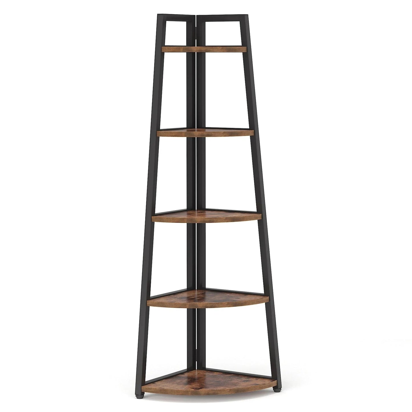 Industrial Corner Bookshelf & Display Rack with Black Metal A-Frame.