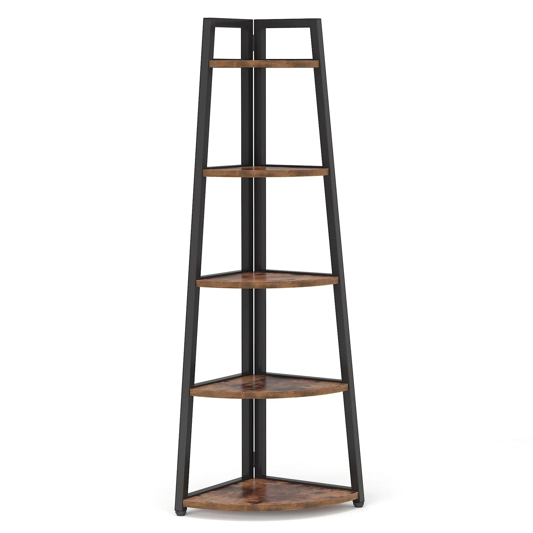 Industrial Corner Bookshelf & Display Rack with Black Metal A-Frame.