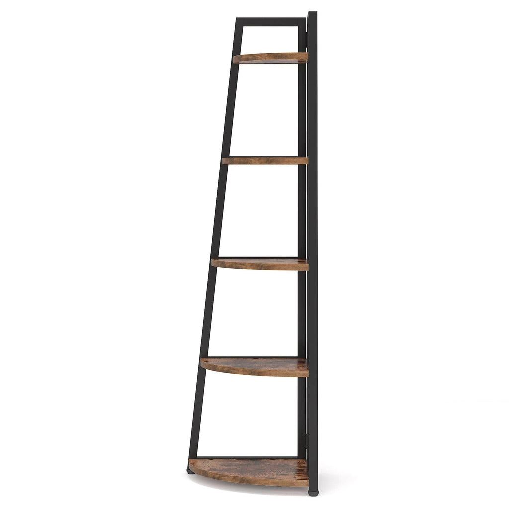 Industrial Corner Bookshelf & Display Rack with Black Metal A-Frame.