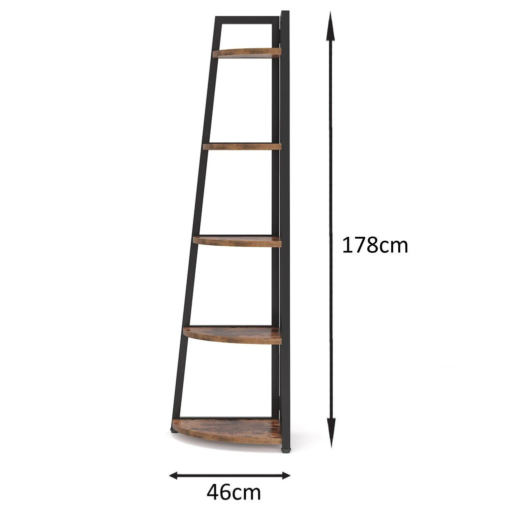 Industrial Corner Bookshelf & Display Rack with Black Metal A-Frame.