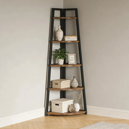Industrial Corner Bookshelf & Display Rack with Black Metal A-Frame.