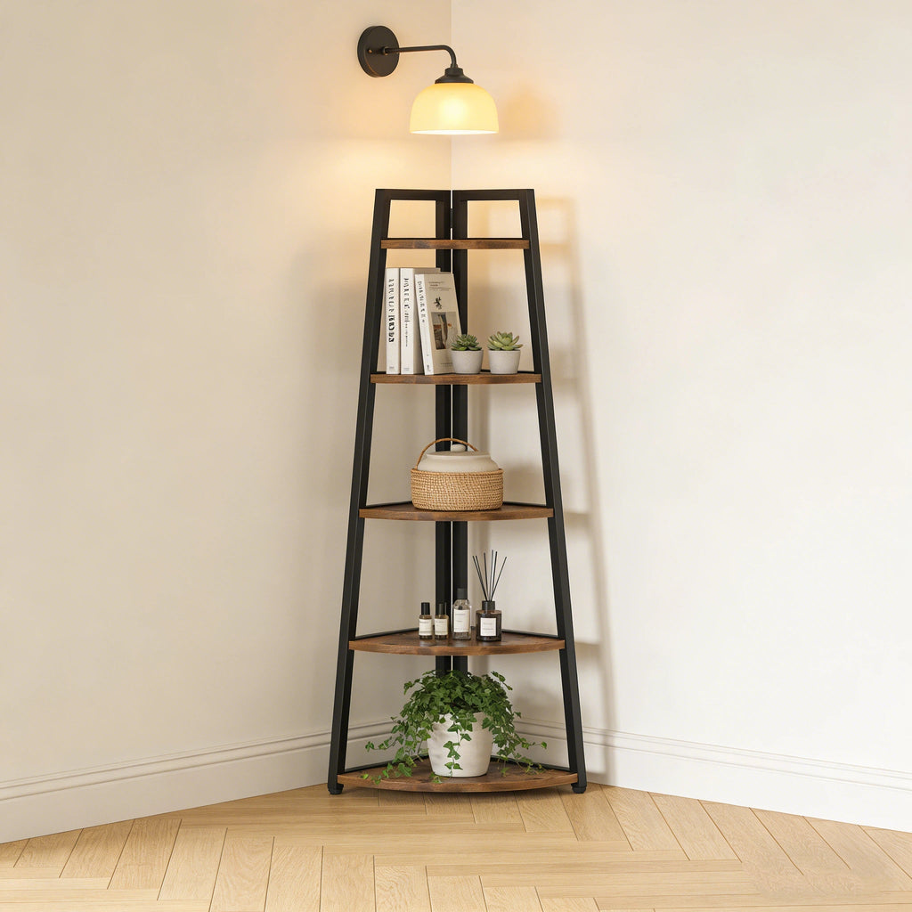 Industrial Corner Bookshelf & Display Rack with Black Metal A-Frame.