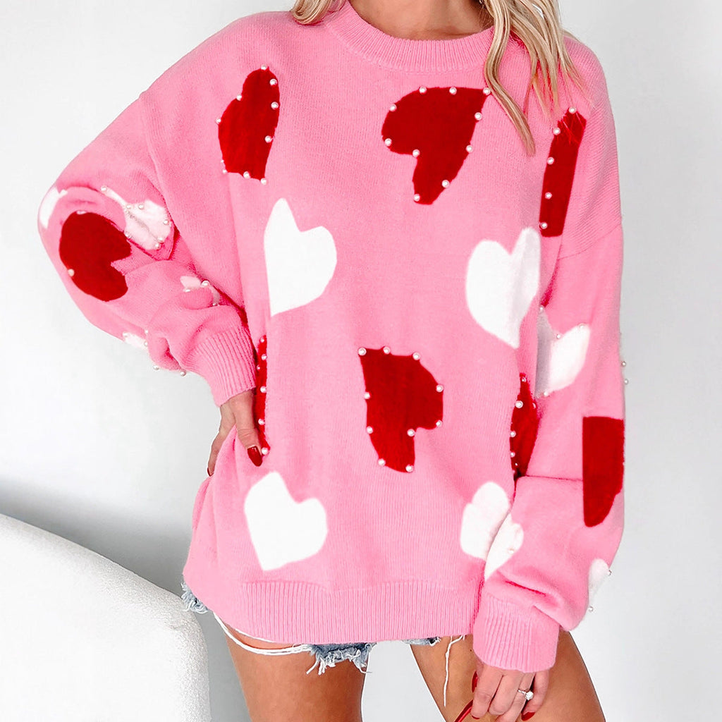 Women's Fashionable And Versatile Heart-Print Crew-Neck Knitted Top