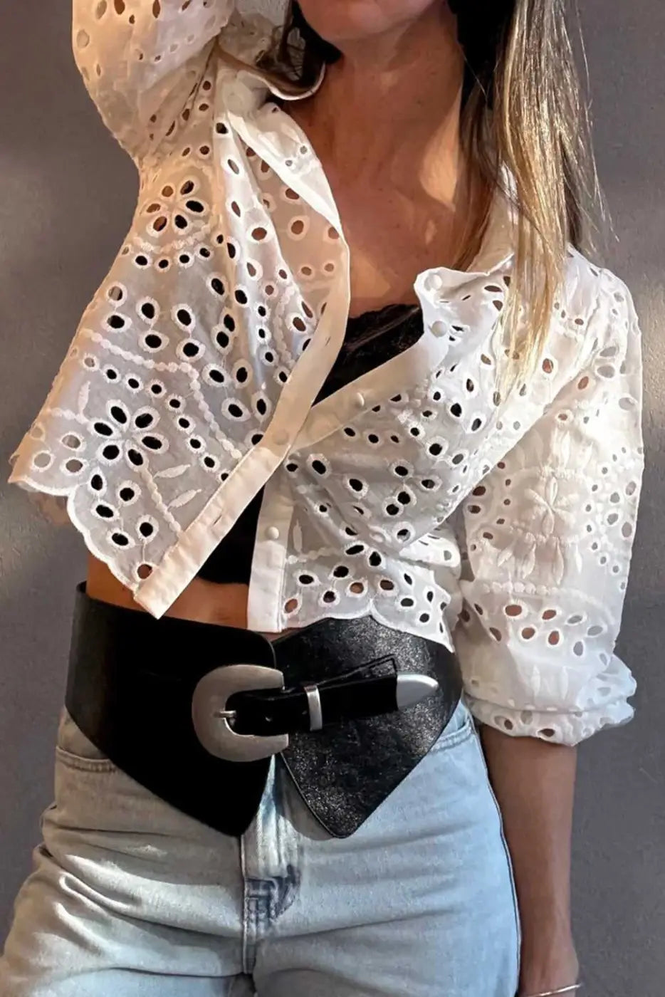 Women's White Cutwork Embroidered Puff Sleeve Crop Top