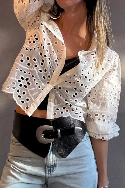 Women's White Cutwork Embroidered Puff Sleeve Crop Top