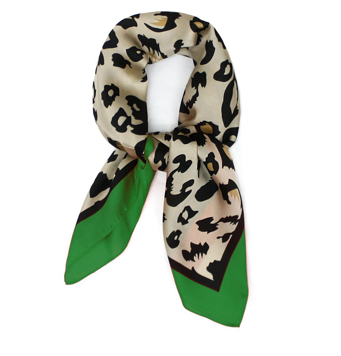 Leopard Animal Print with Green Border Thin Silky Scarf for Summer and Spring