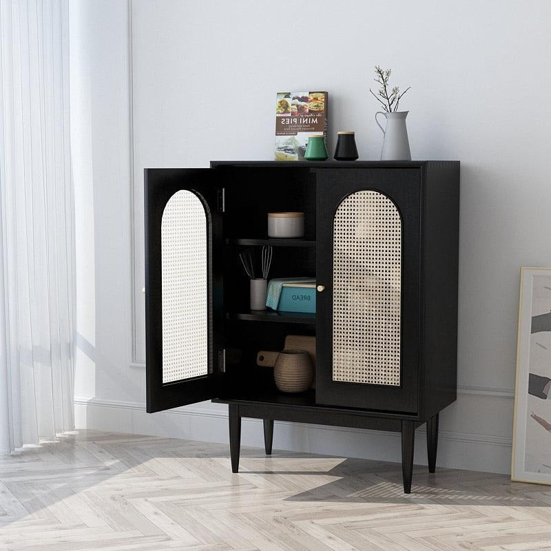 Neema Sideboard, Side Cabinet, Black & Rattan