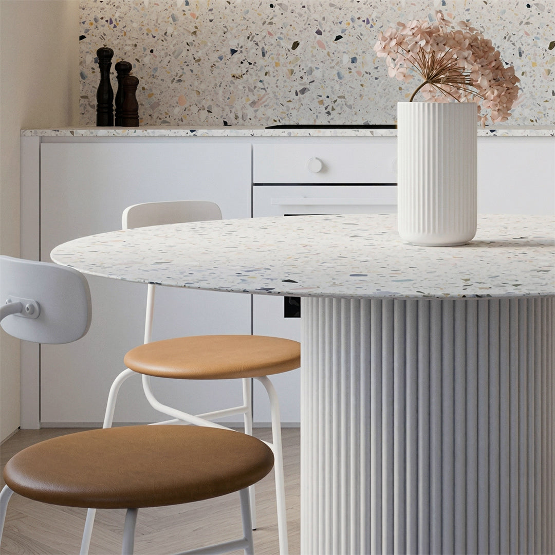 Cracky White Round Dining Table, Premium Terrazzo And Wood Base