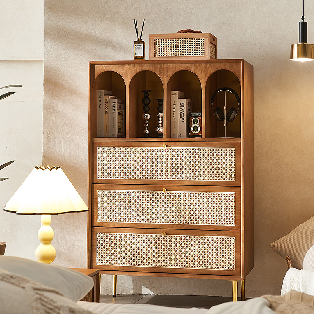 Maasai Tall Sideboard, Rattan & Solid Wood Cabinet