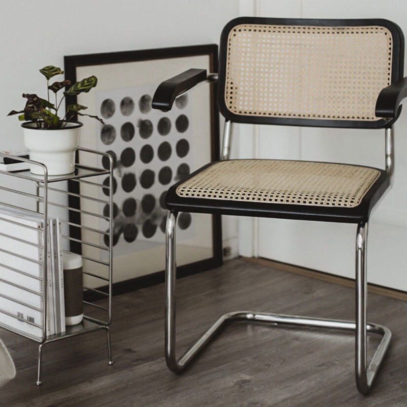 Classic Keaton Rattan Dining Chair, Leather & Chrome, With Armrests