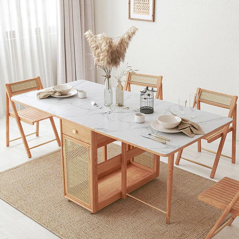 Nydia Foldable Dining Table Set With Storage, Rattan, Solid Wood