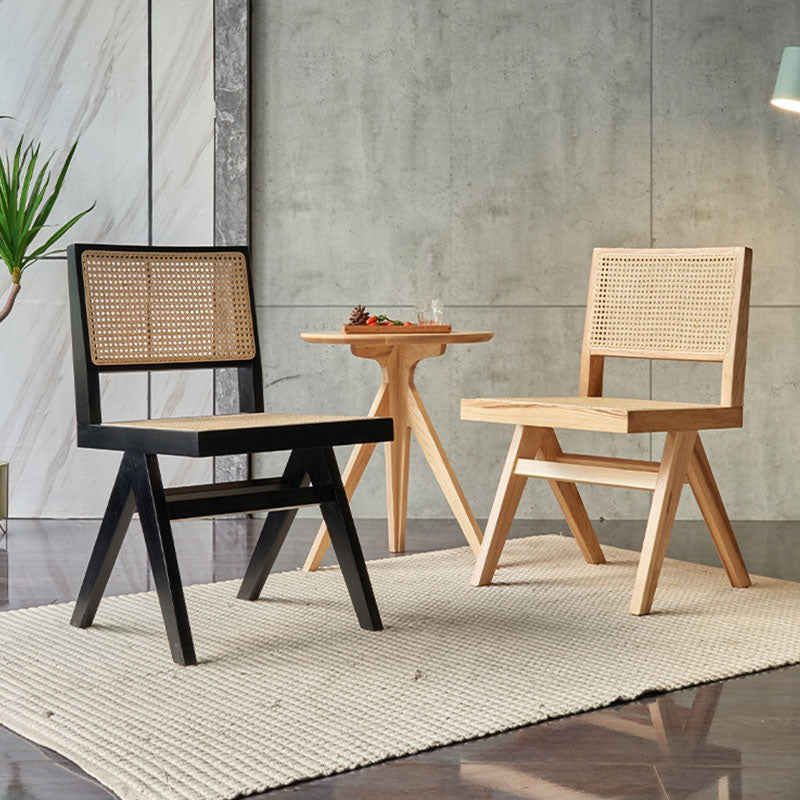 A Set Of Two Black Cane Rattan Dining Chair, Solid Wood