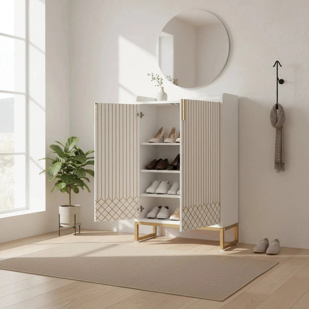 Art Deco Accent Cabinet - White & Gold Luxury Sideboard & Bar Station