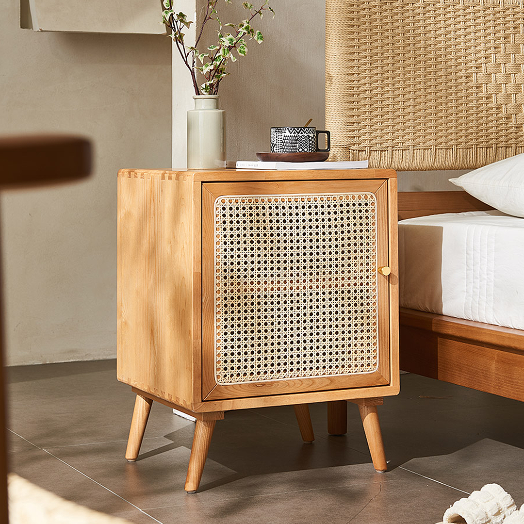 Himba Rattan Bedside Table, Solid Wood