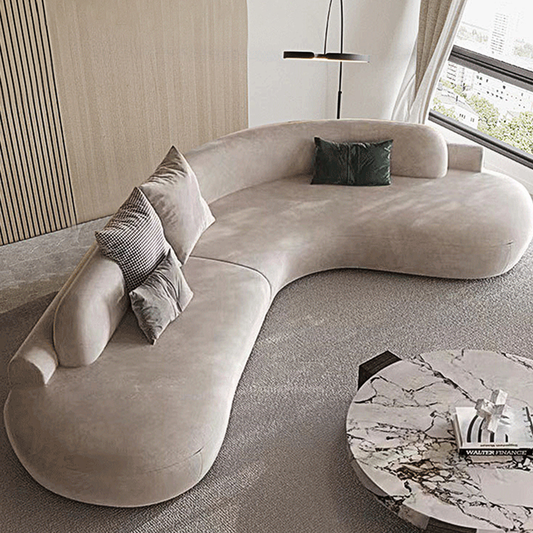 Cosima Grey Four Seater, Five Seater Curved Sofa, Long Sofa, Velvet