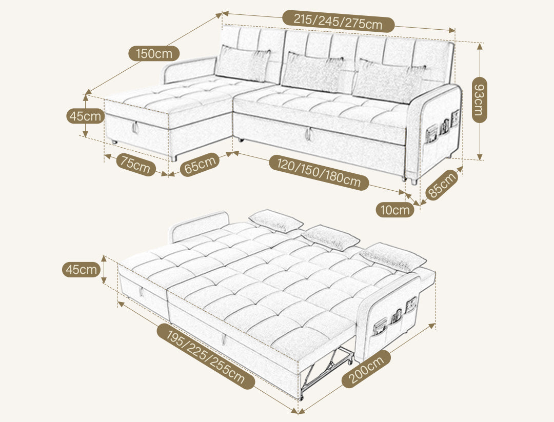 ML203 Three Seater Sofa Bed, L Shape Sofa Bed With Storage, Linen