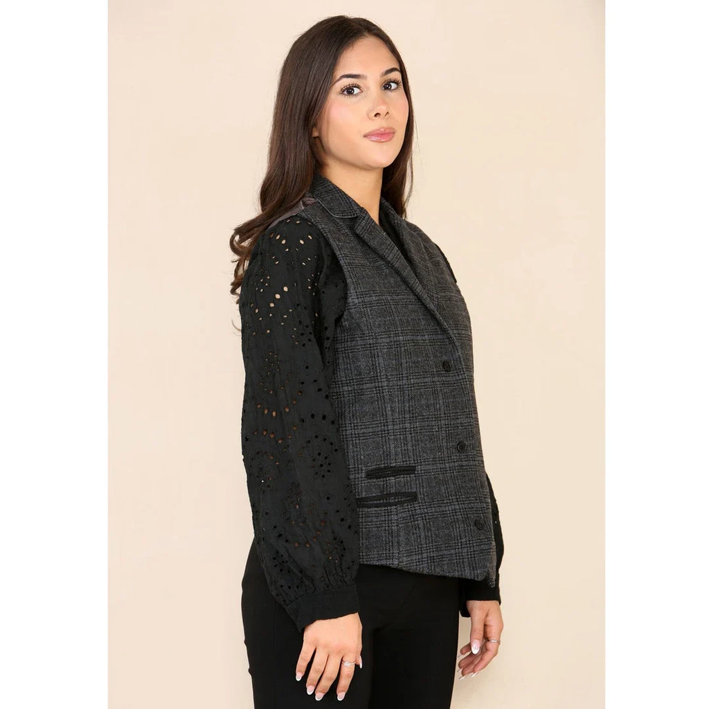 Women's Tweed Check Waistcoat Blazer Grey Suit