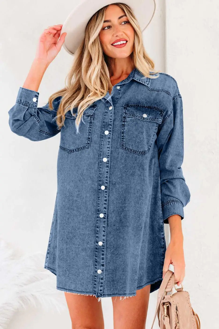 Raw Hem Oversized Denim Shirt Dress Women UK