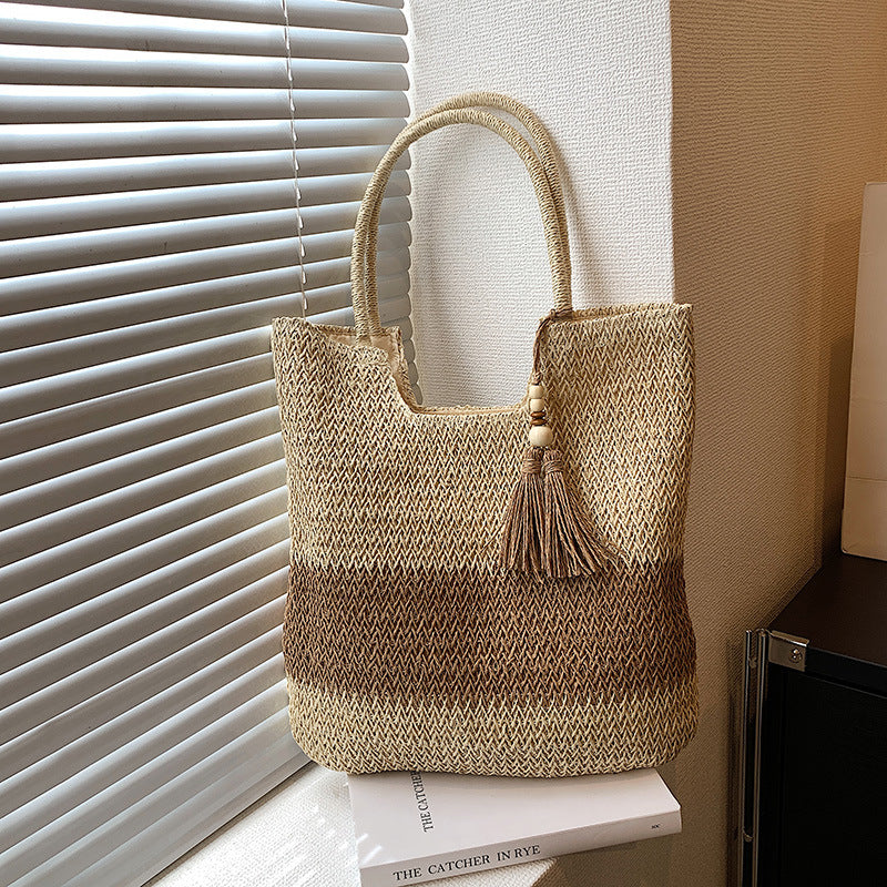 Women's Fashion Simple Tassel Decoration Shoulder Woven Bag