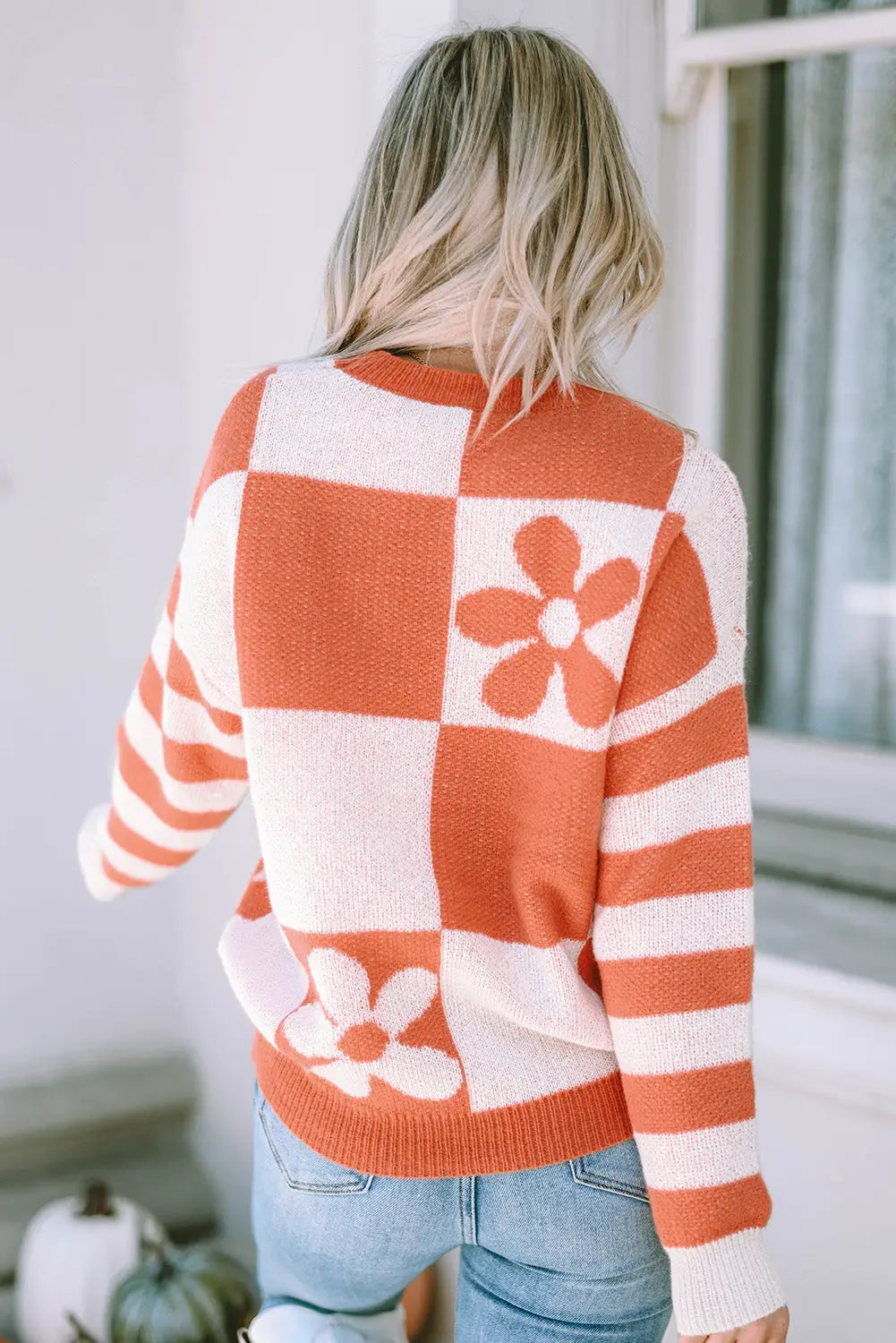 Checkered Floral Print Striped Sleeve Sweater Women UK
