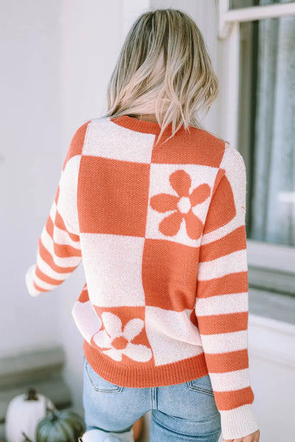 Checkered Floral Print Striped Sleeve Sweater Women UK