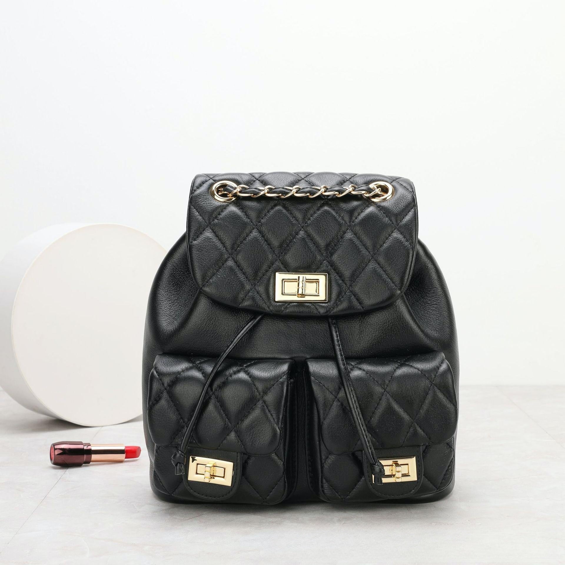First Layer Cowhide Rhombus Chain Backpack Advanced Texture All-matching