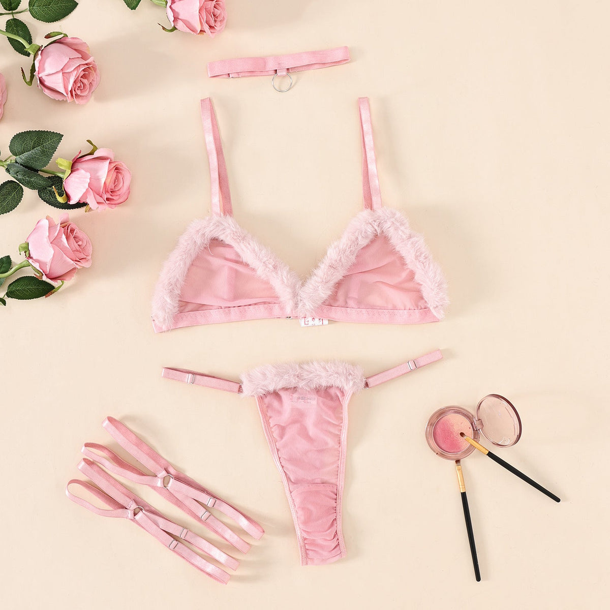 Plush Lace Mesh Patchwork Backless Underwear Suit