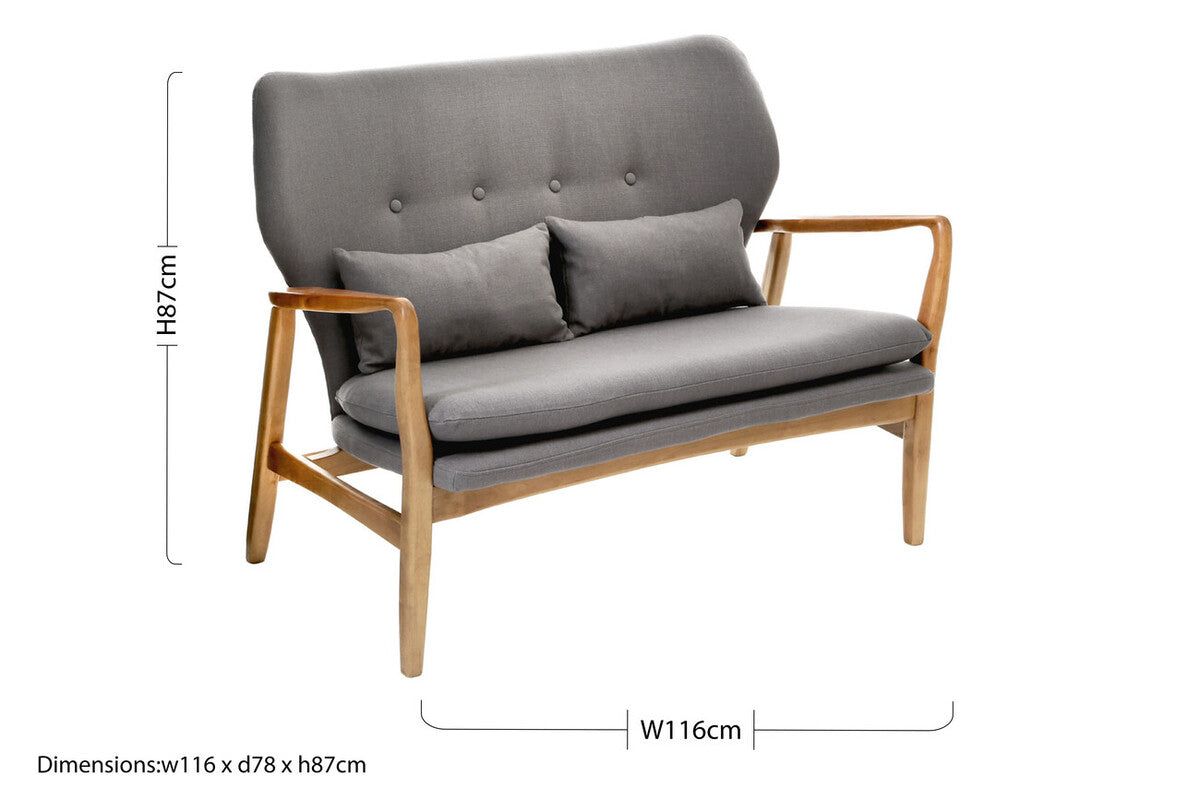 2 Seater Grey Sofa with Birchwood Frame, Stockholm
