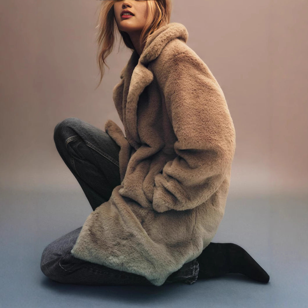 Fall Winter Fashion Artificial Fur Women's Warm Mid-length Coat