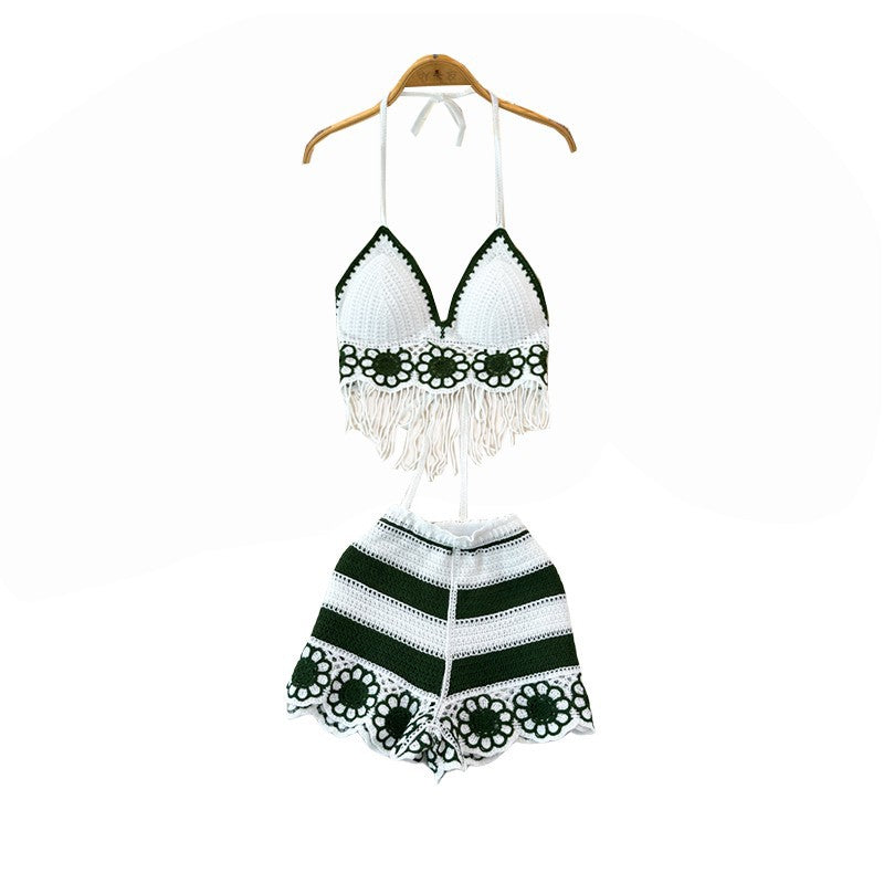 V-neck Fringe Vest High-waisted Hollowed-out Wide-leg Shorts Women's Suit