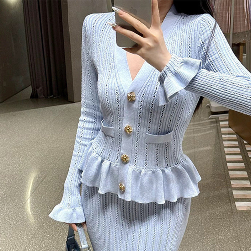 Female V-neck Ruffled Long Sleeved Patchwork Dress
