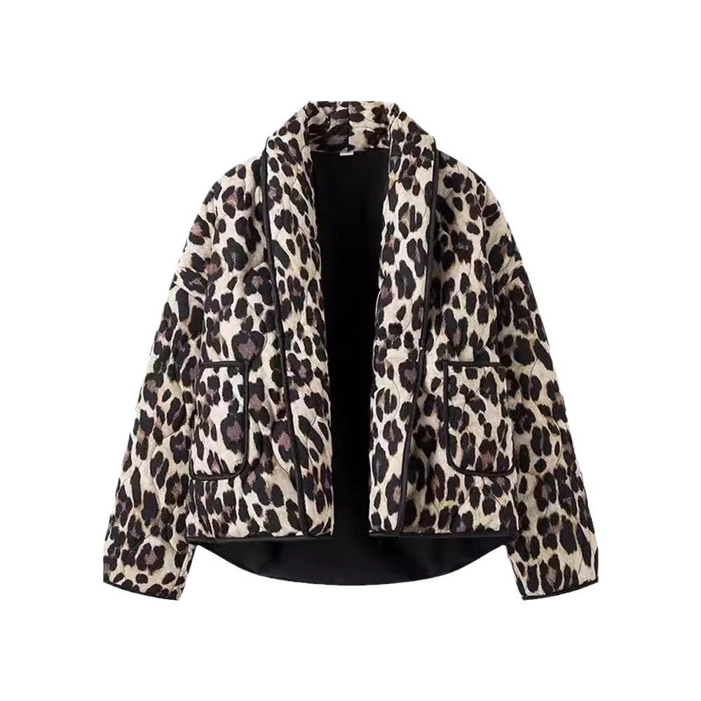 Vintage Leopard Print Printed Women's Lapel Pocket Loose And Warm Coat