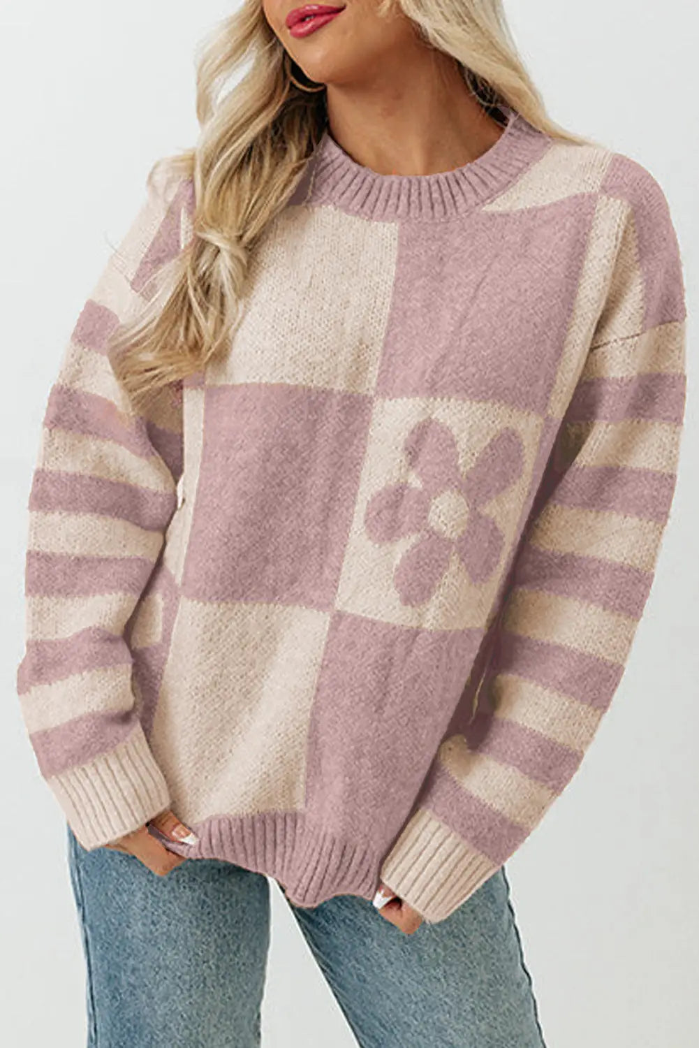 Checkered Floral Print Striped Sleeve Sweater Women UK