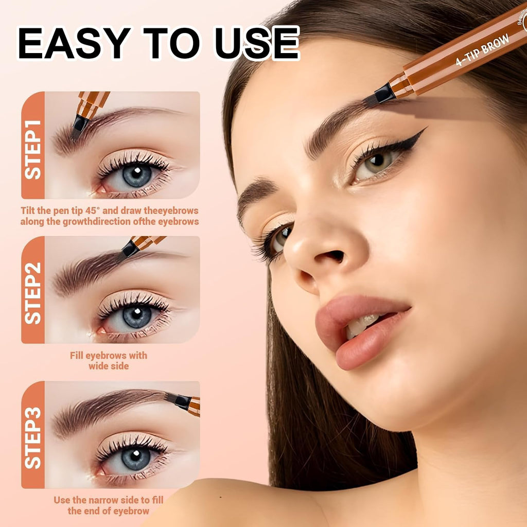 2PC Microblading Eyebrow Pencil – 4-Tip Micro-Fork, Waterproof, Natural 3D Brows (Gray Brown)