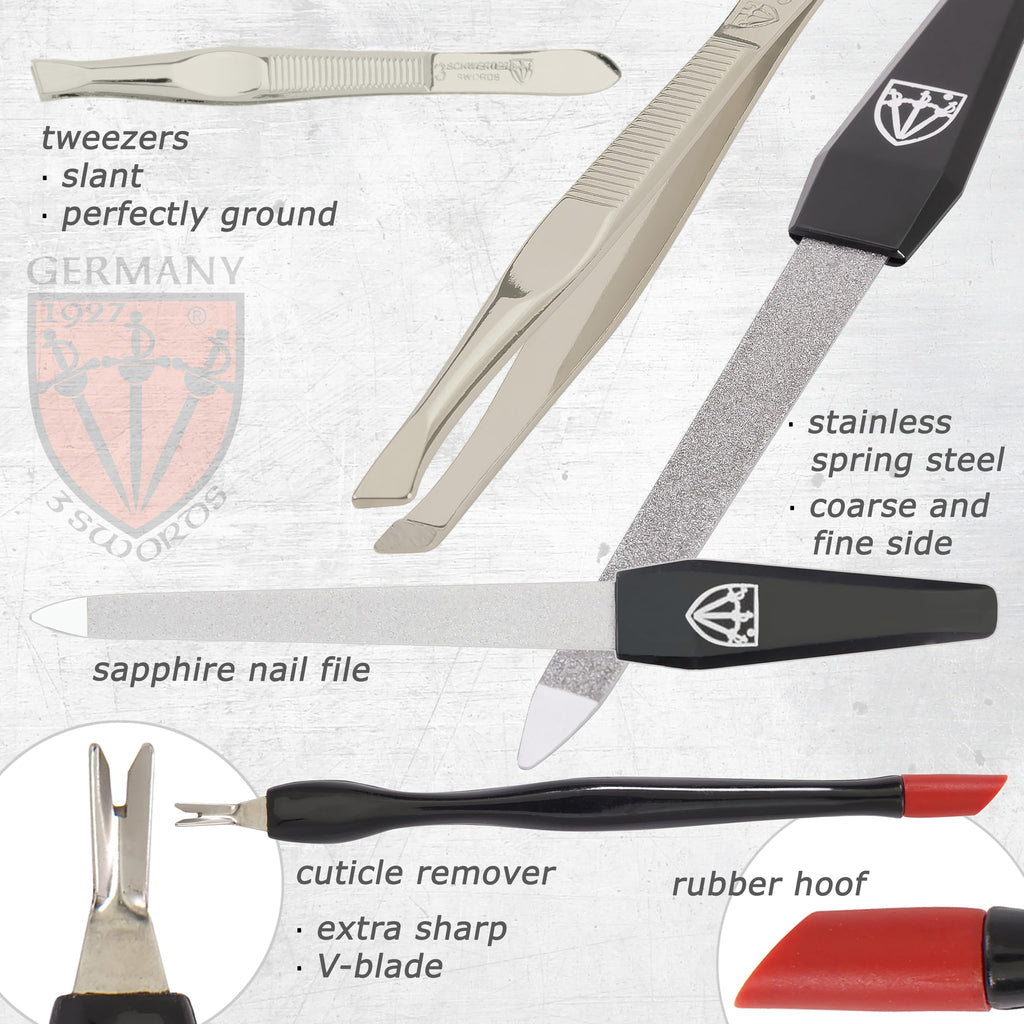 3 Swords Germany – 8-Piece Manicure & Pedicure Kit in Ostrich Black Synthetic Leather Case | Made in Germany