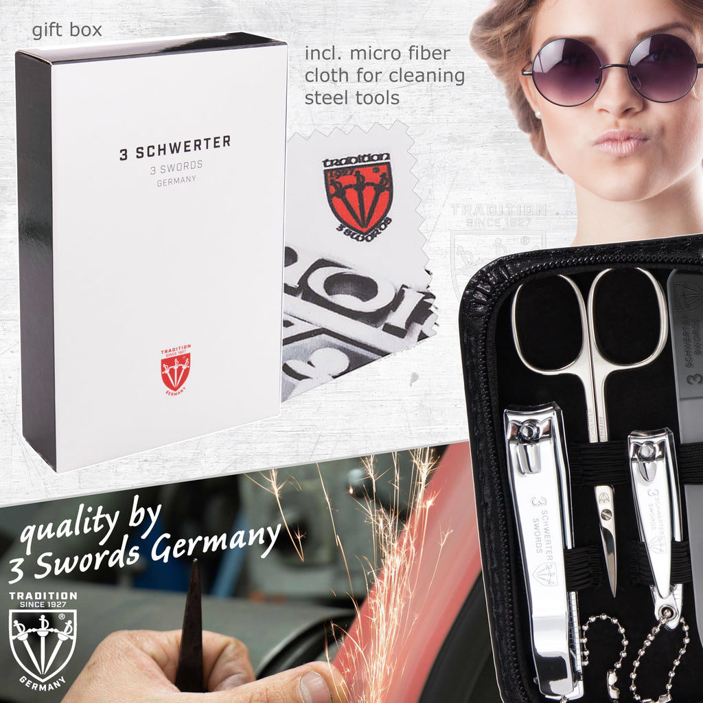 3 Swords Germany - 8-Piece Manicure & Pedicure Kit in Black Synthetic Leather Case - Made in Germany