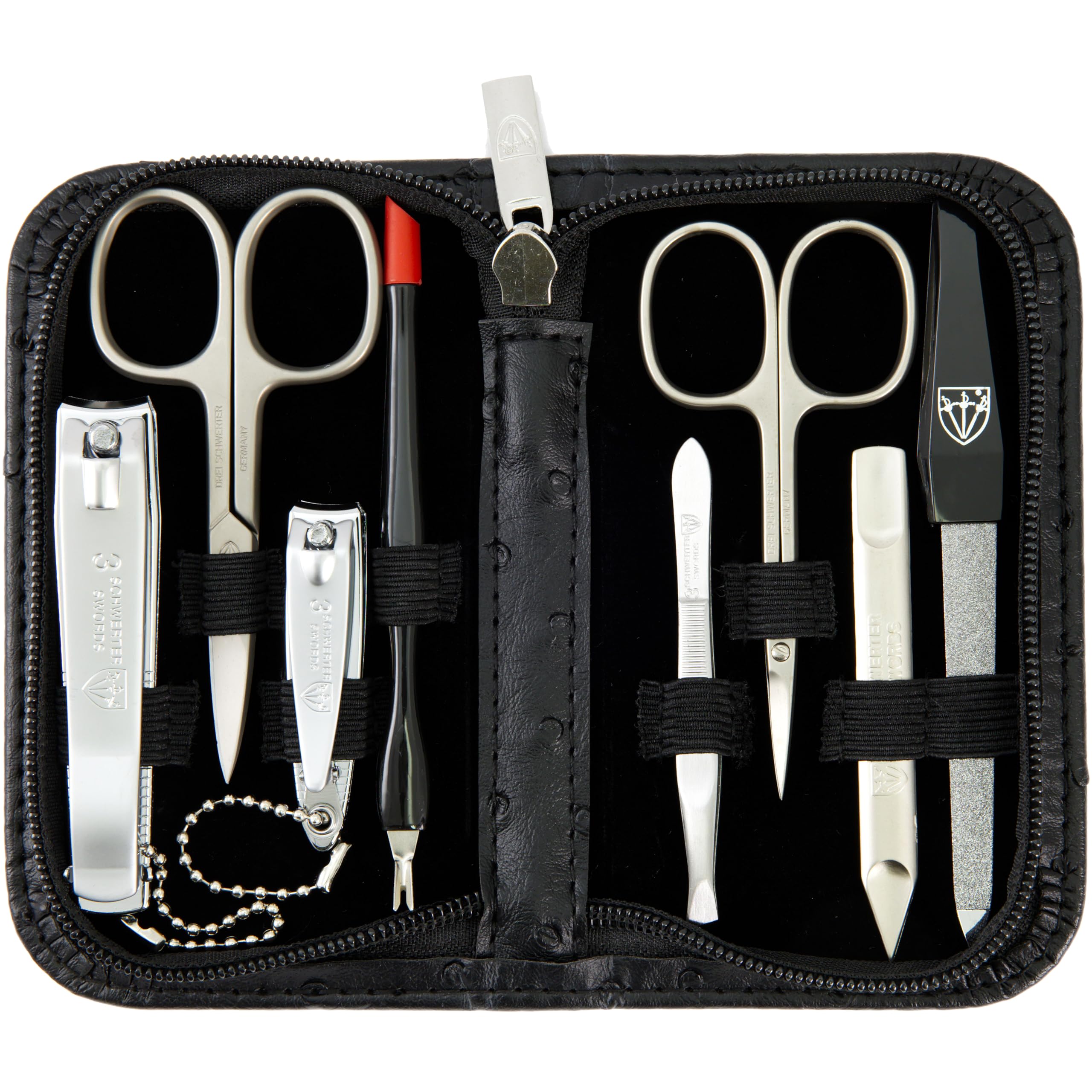 3 Swords Germany – 8-Piece Manicure & Pedicure Kit in Ostrich Black Synthetic Leather Case | Made in Germany