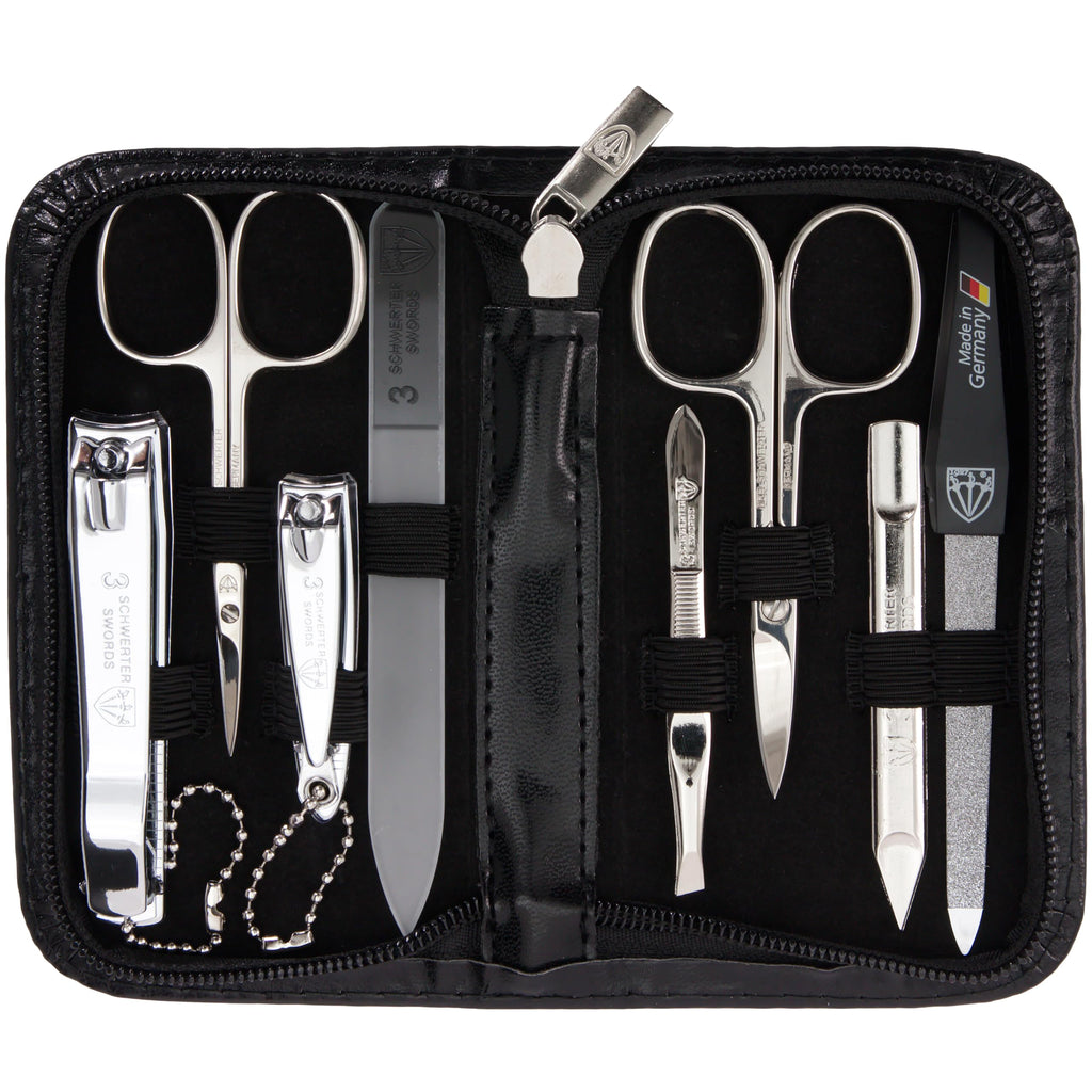 3 Swords Germany - 8-Piece Manicure & Pedicure Kit in Black Synthetic Leather Case - Made in Germany