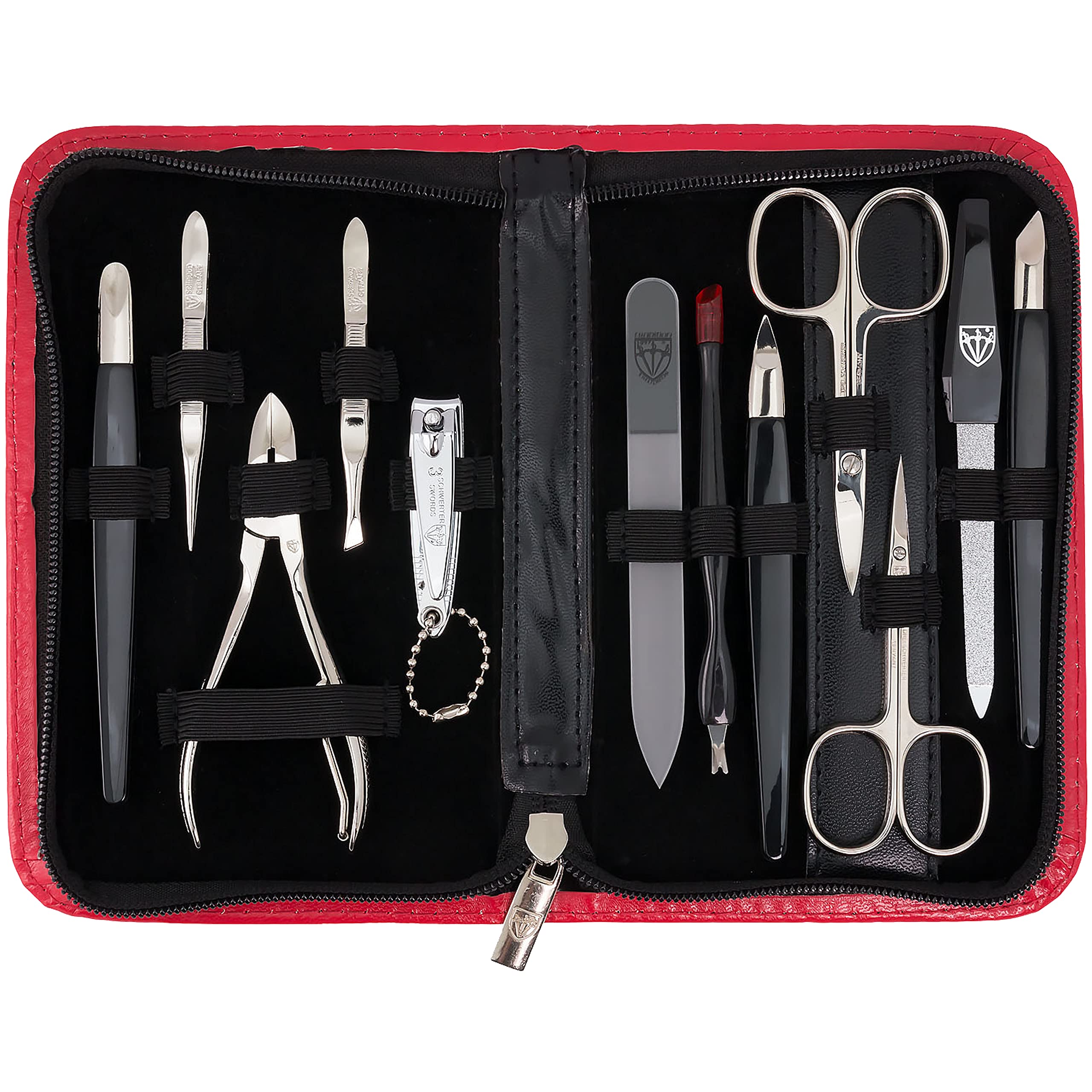 3 Swords Germany – 12-Piece Manicure & Pedicure Kit in Red Leather Case | Made in Germany