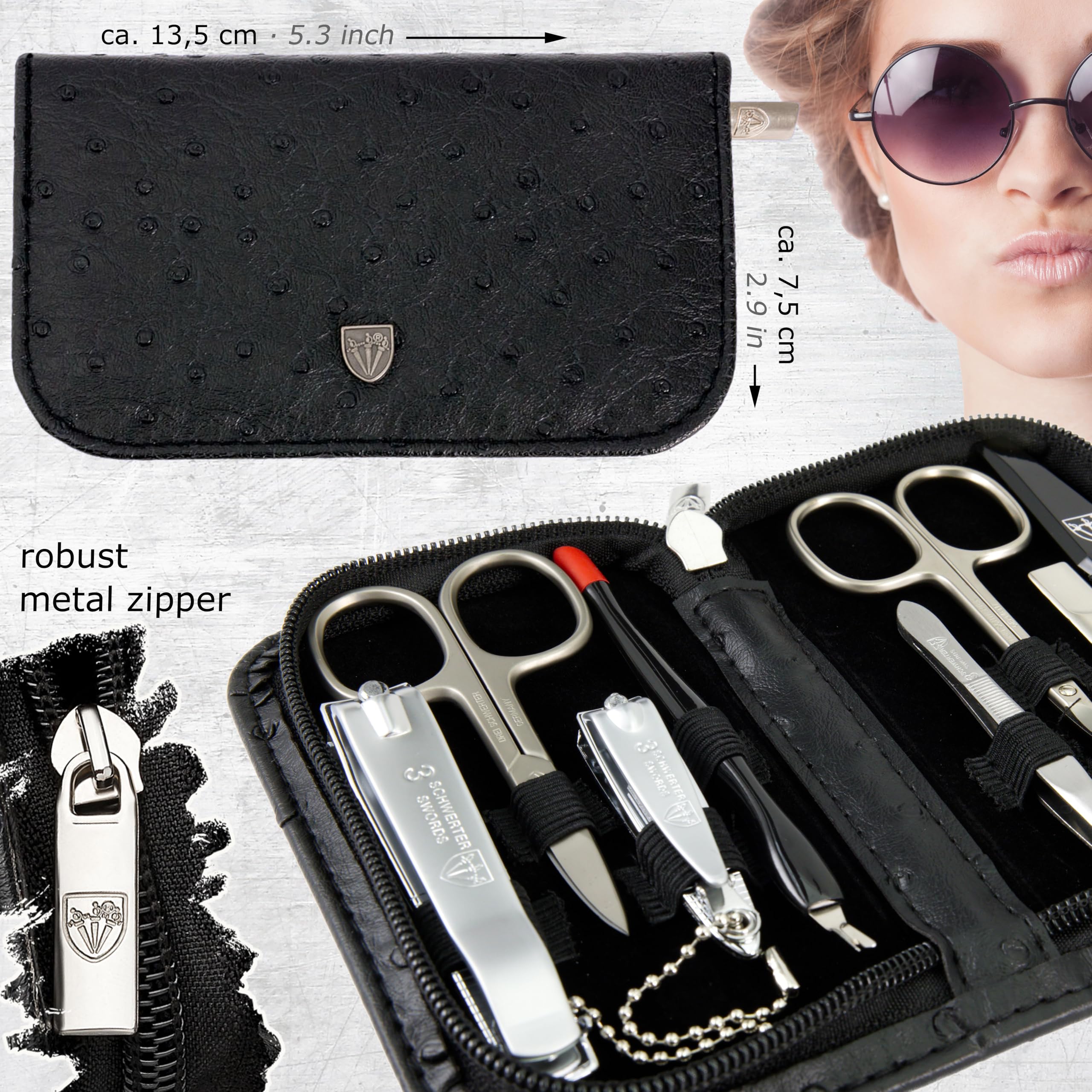 3 Swords Germany – 8-Piece Manicure & Pedicure Kit in Ostrich Black Synthetic Leather Case | Made in Germany