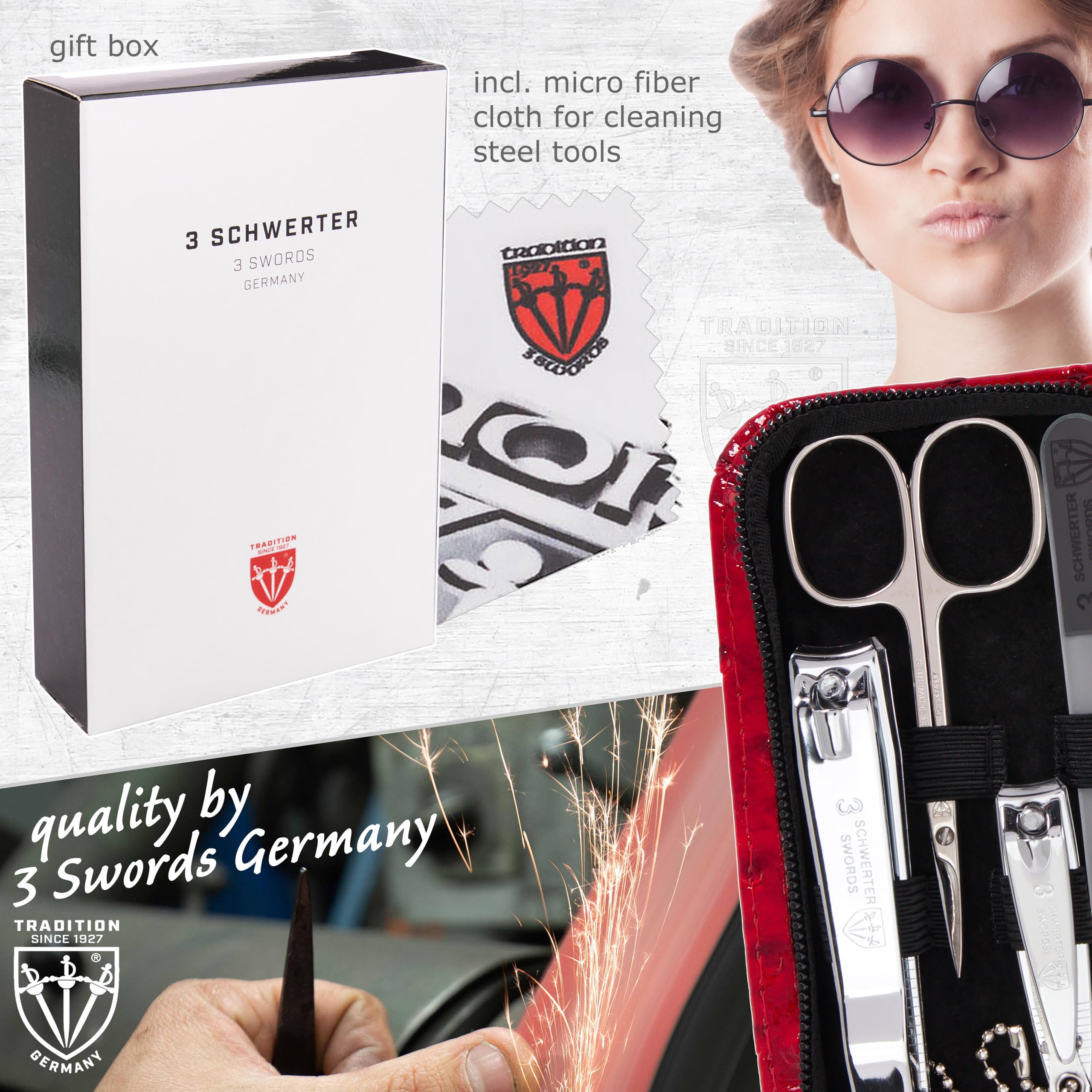 3 Swords Germany - 8-Piece Manicure & Pedicure Kit in Red Ostrich Leather Case | Made in Germany