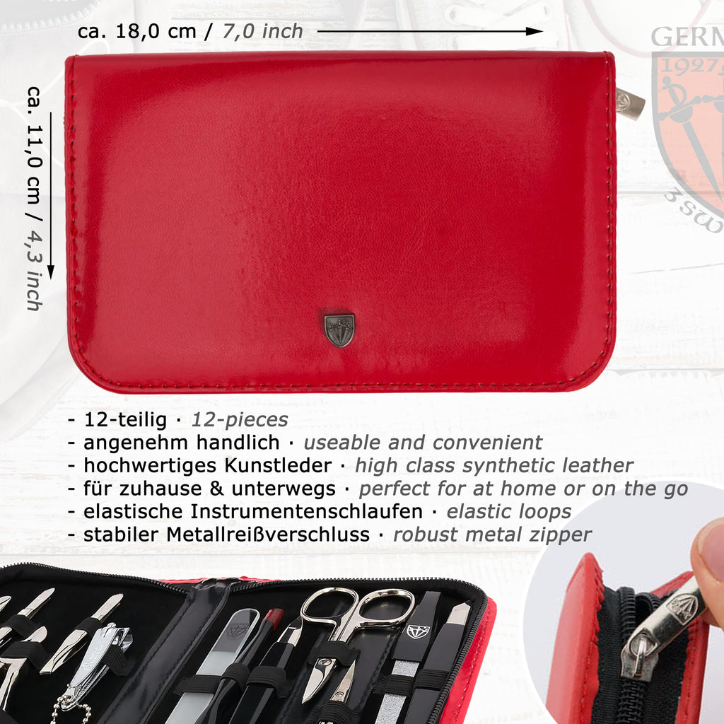 3 Swords Germany – 12-Piece Manicure & Pedicure Kit in Red Leather Case | Made in Germany
