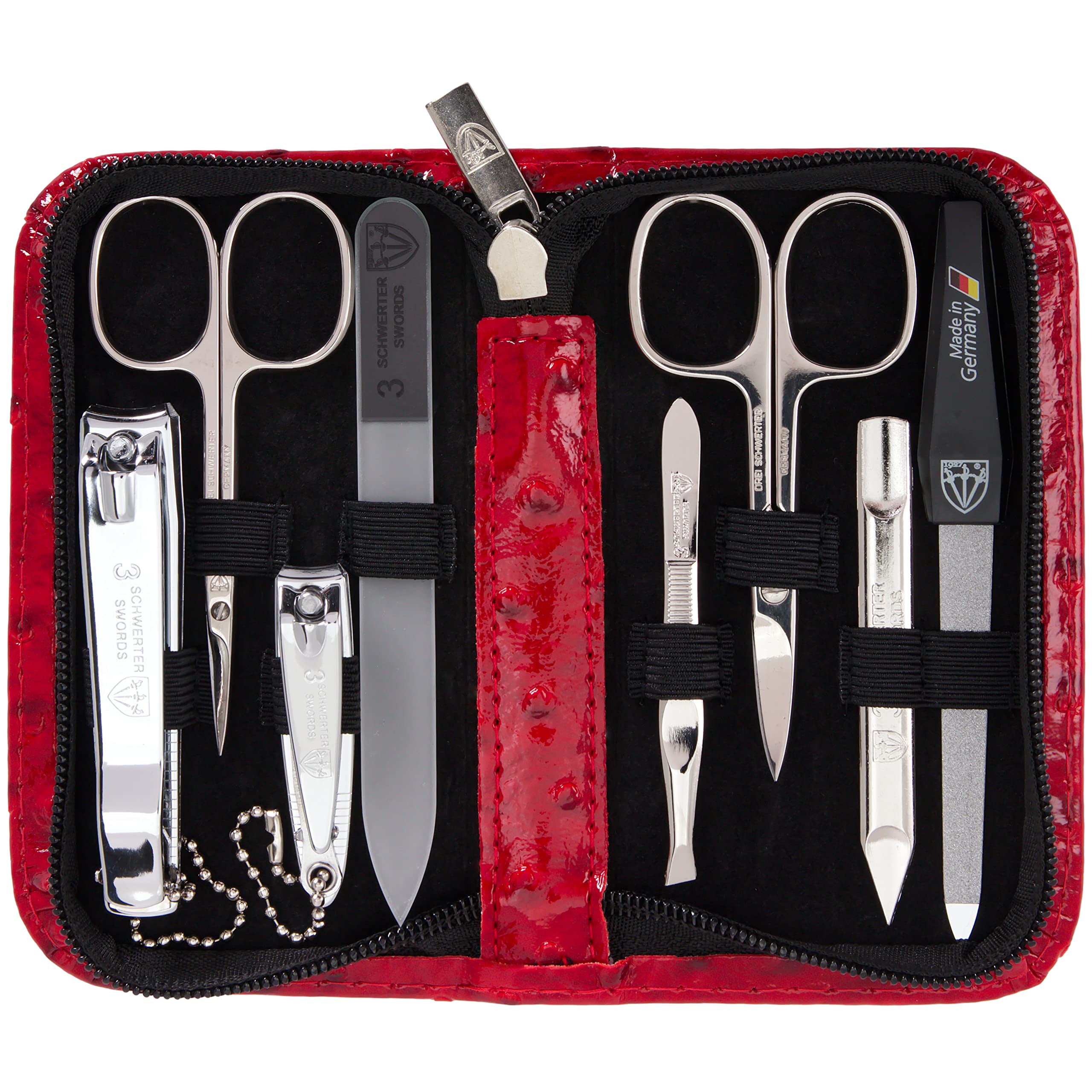 3 Swords Germany - 8-Piece Manicure & Pedicure Kit in Red Ostrich Leather Case | Made in Germany