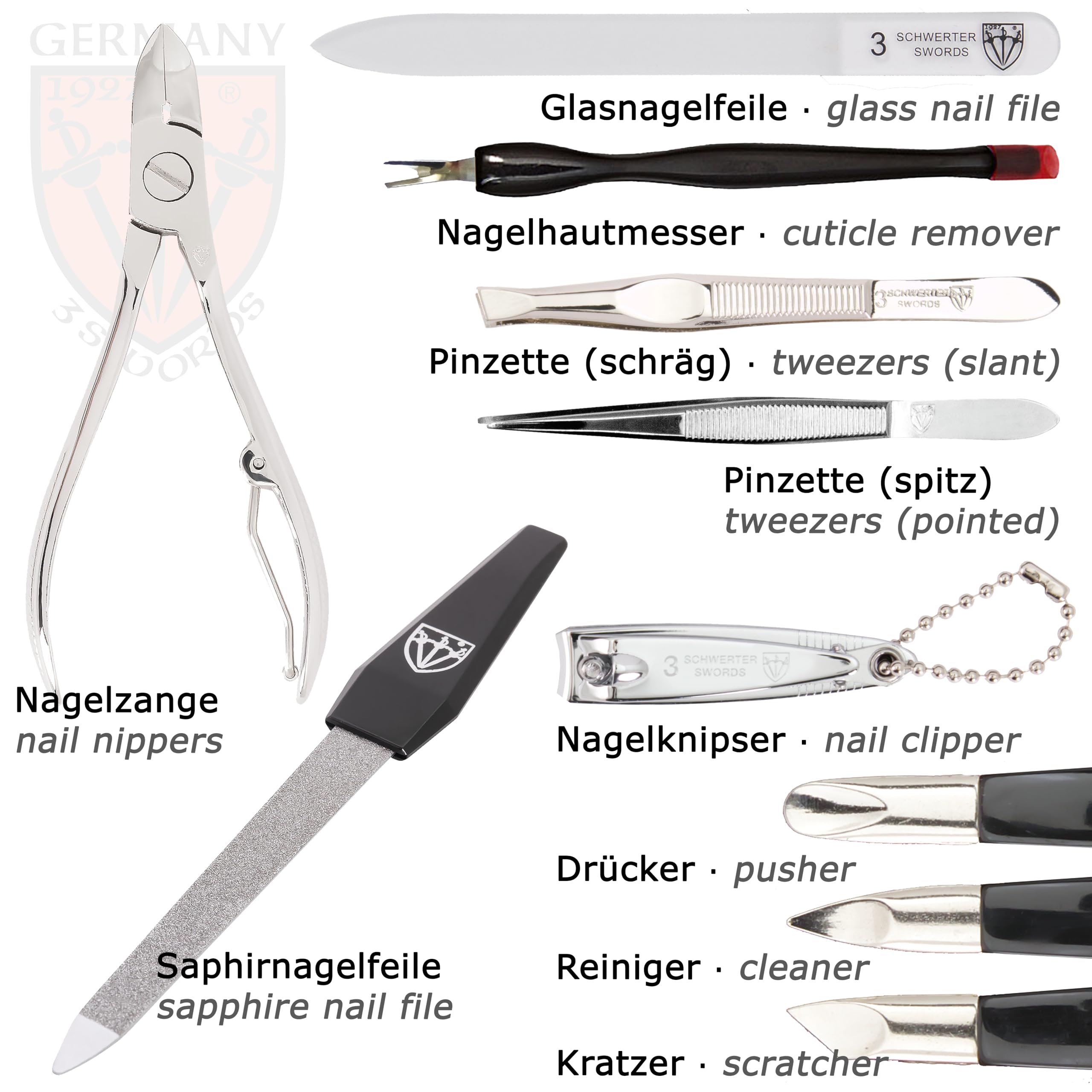 3 Swords Germany – 12-Piece Manicure & Pedicure Kit in Red Leather Case | Made in Germany