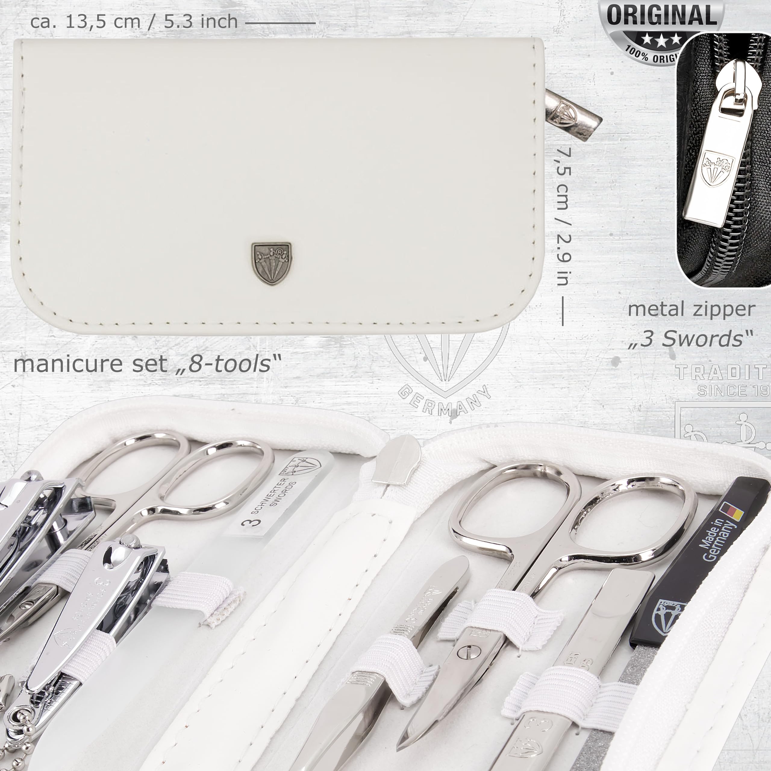 3 Swords Germany 8-Piece Manicure & Pedicure Kit in White Leather Case — Made in Germany